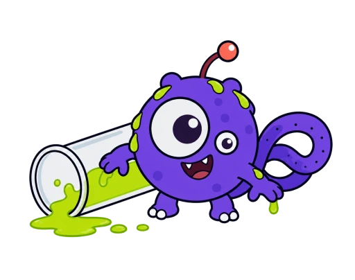 The Loop Labs mascot popping out of a tipped experiment tube