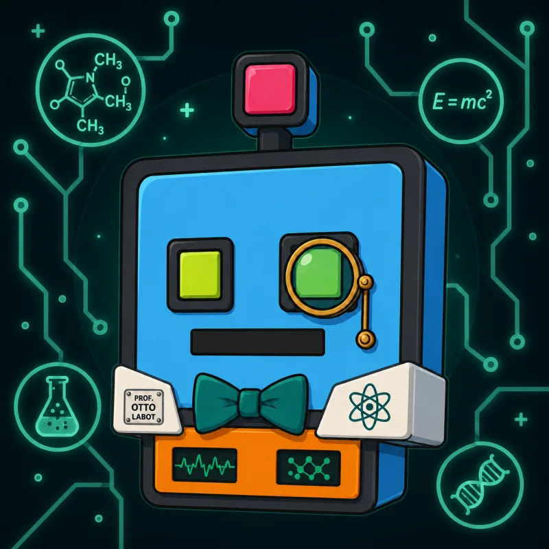 Professor Otto Labot, a boxy blue robot head wearing a monocle, a bow tie, and a lab coat with a name badge