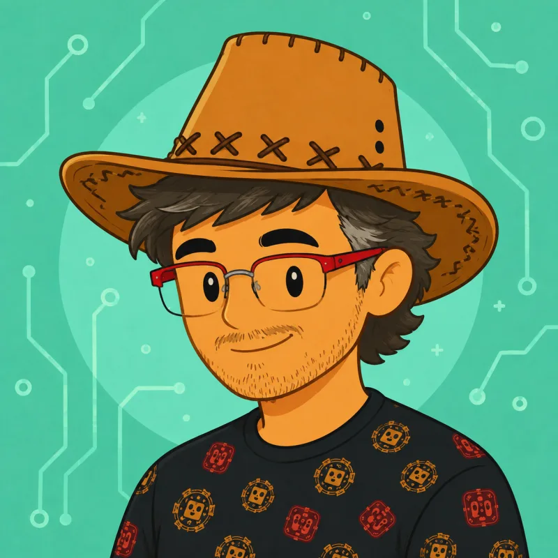 Cartoon portrait of Rich in a wide-brimmed hat and red glasses on a circuit-board background